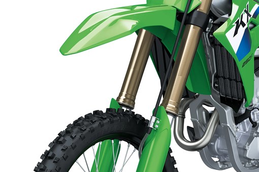 Three-quarter front angle of  the front end of a motorcycle staged in a white studio background. opens in a new window