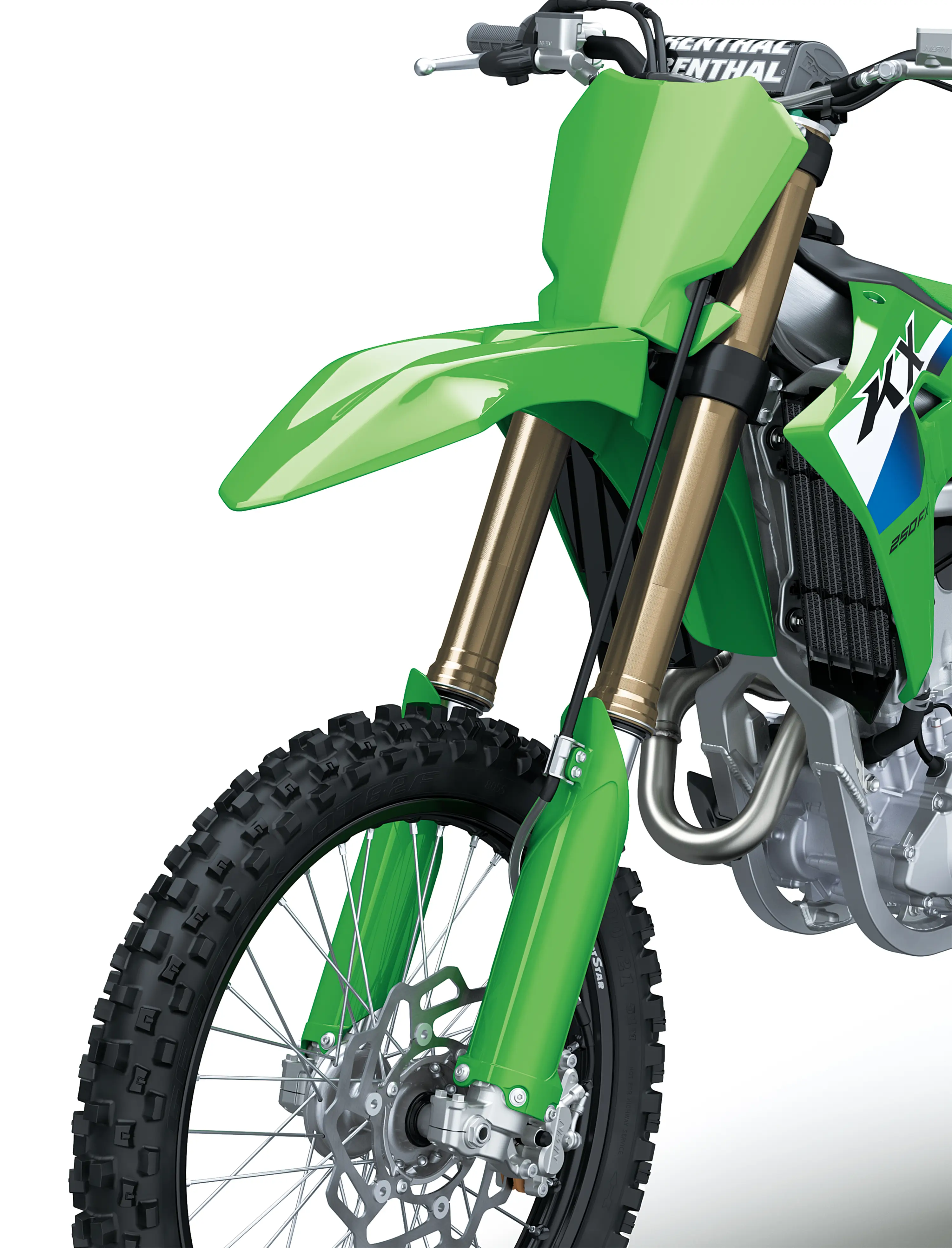 Close-up of the front end of a motorcycle staged in a white studio background.