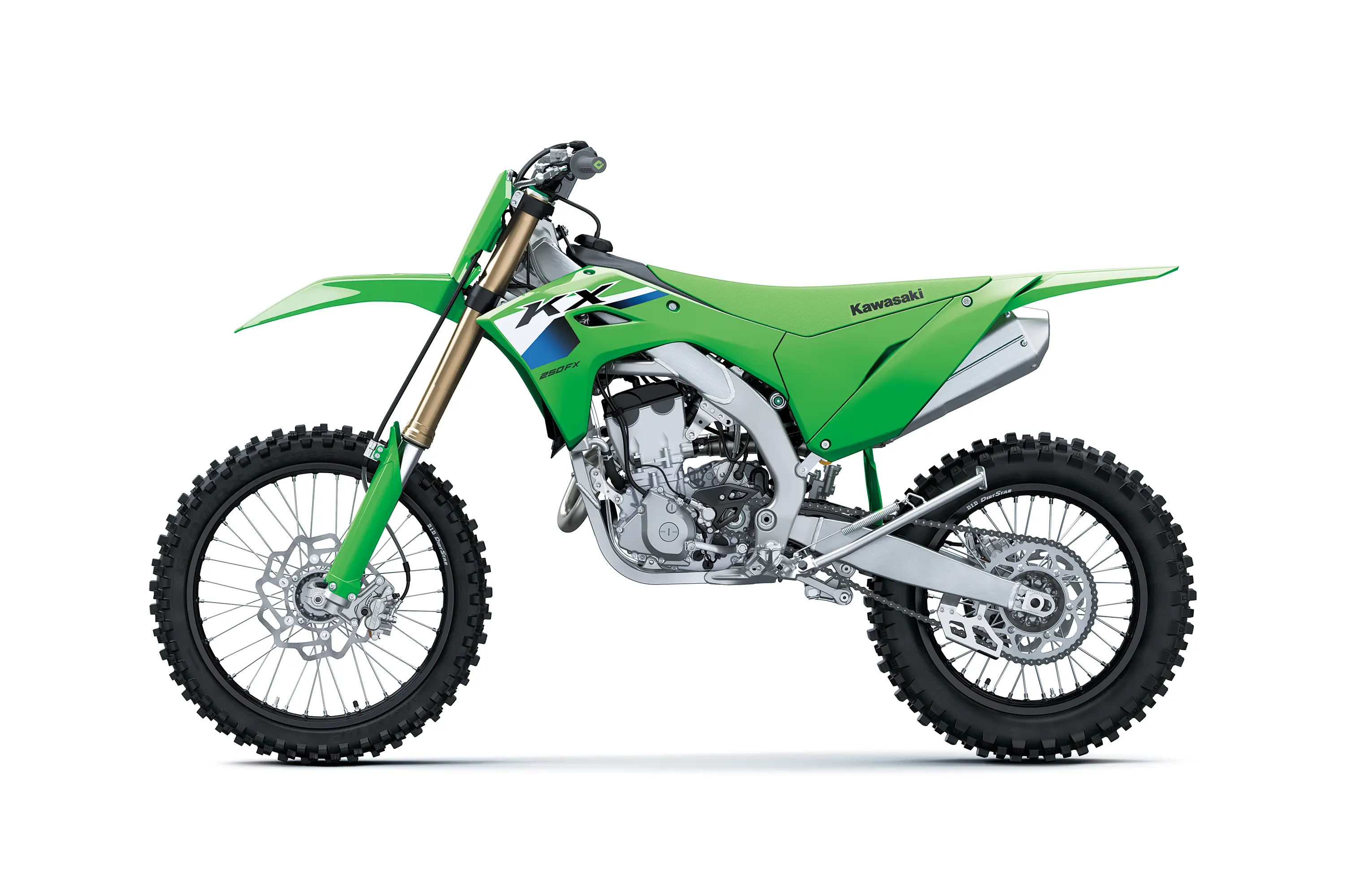 Profile angle of a motorcycle staged in a white studio background.