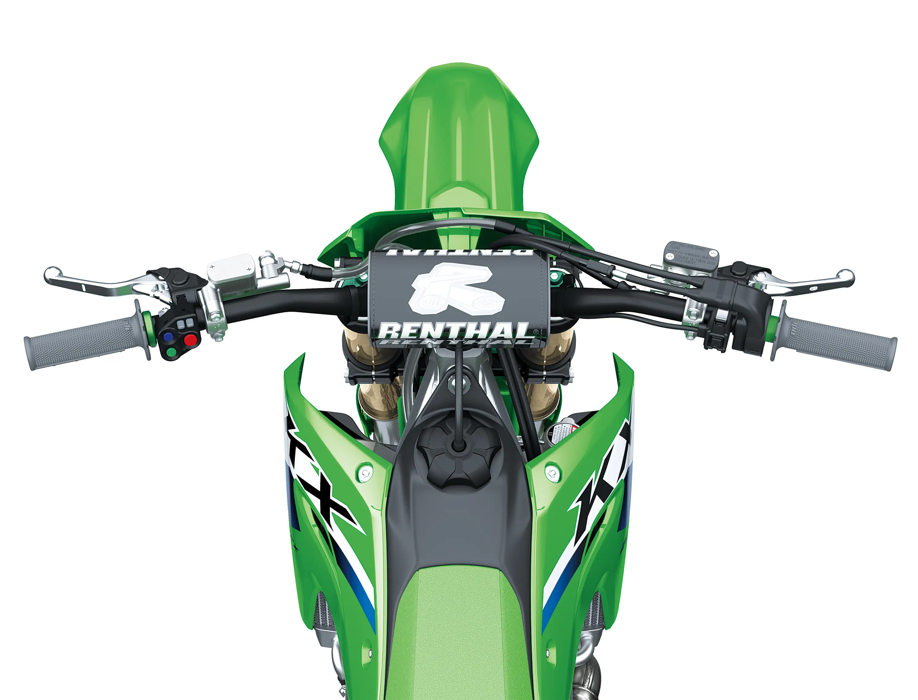 Rider POV of the handlebars of a motorcycle staged in a white studio background.