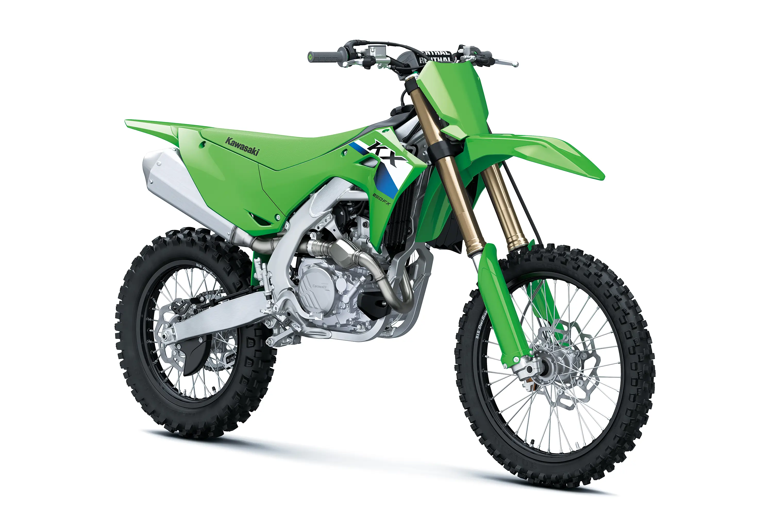 Three-quarter front angle of a motorcycle staged in a white studio background.