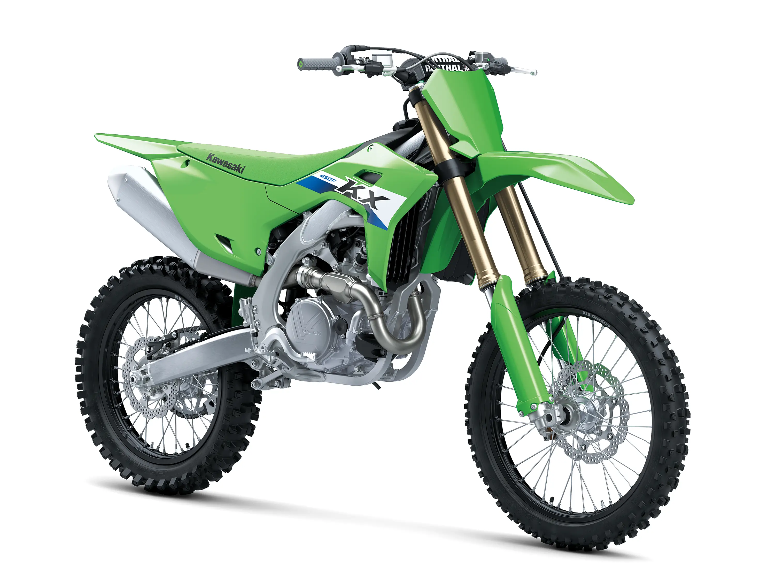 Three-quarter front angle of a motorcycle staged in a white studio background.