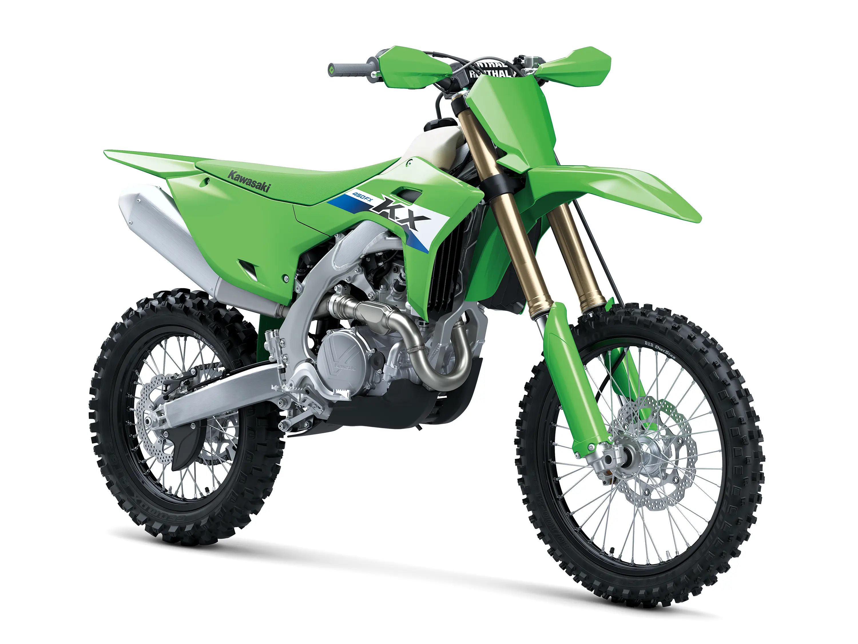 Three-quarter front angle of a motorcycle staged in a white studio background.