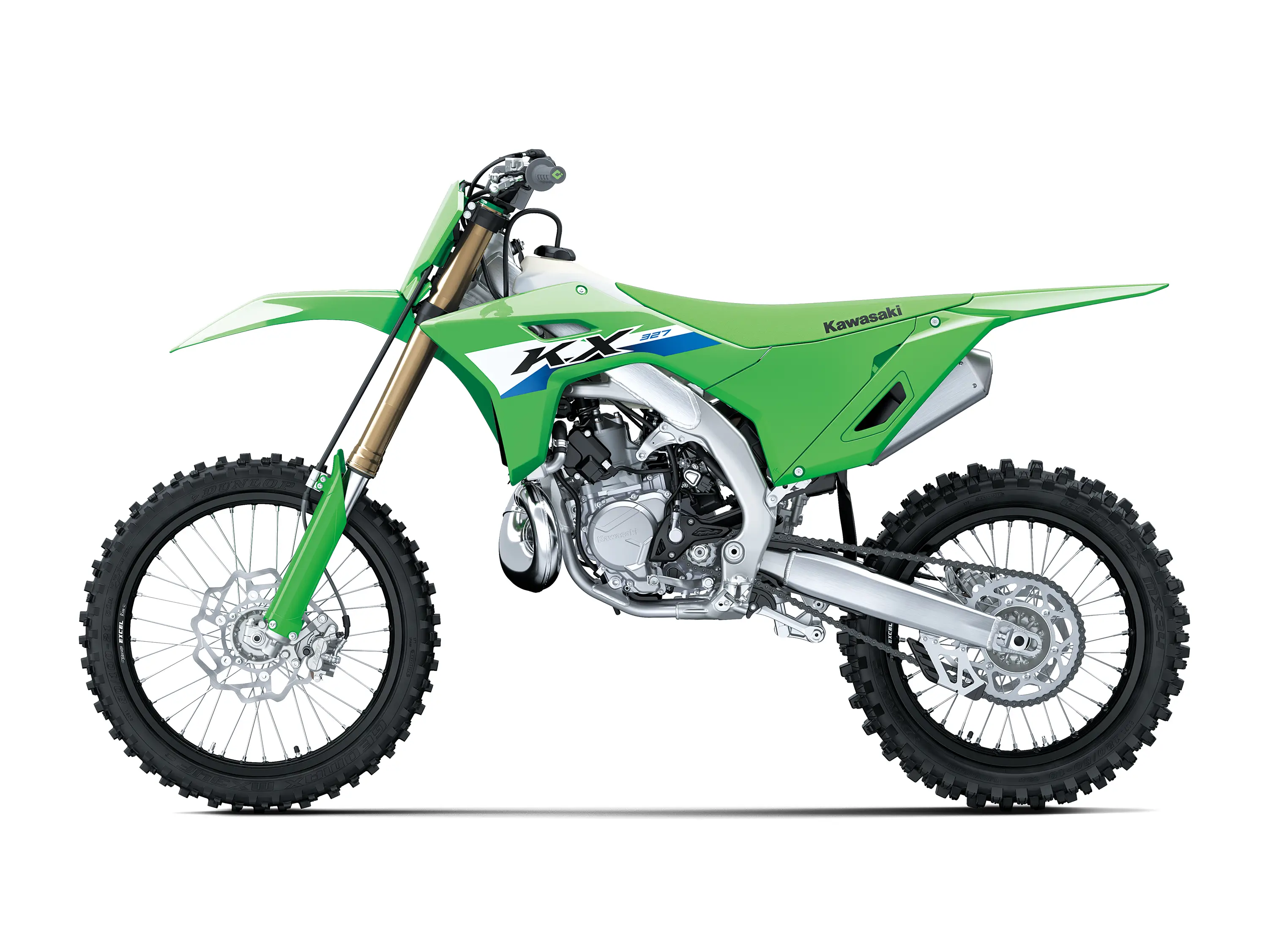 Left side angle of a green dirt bike in a white studio background.