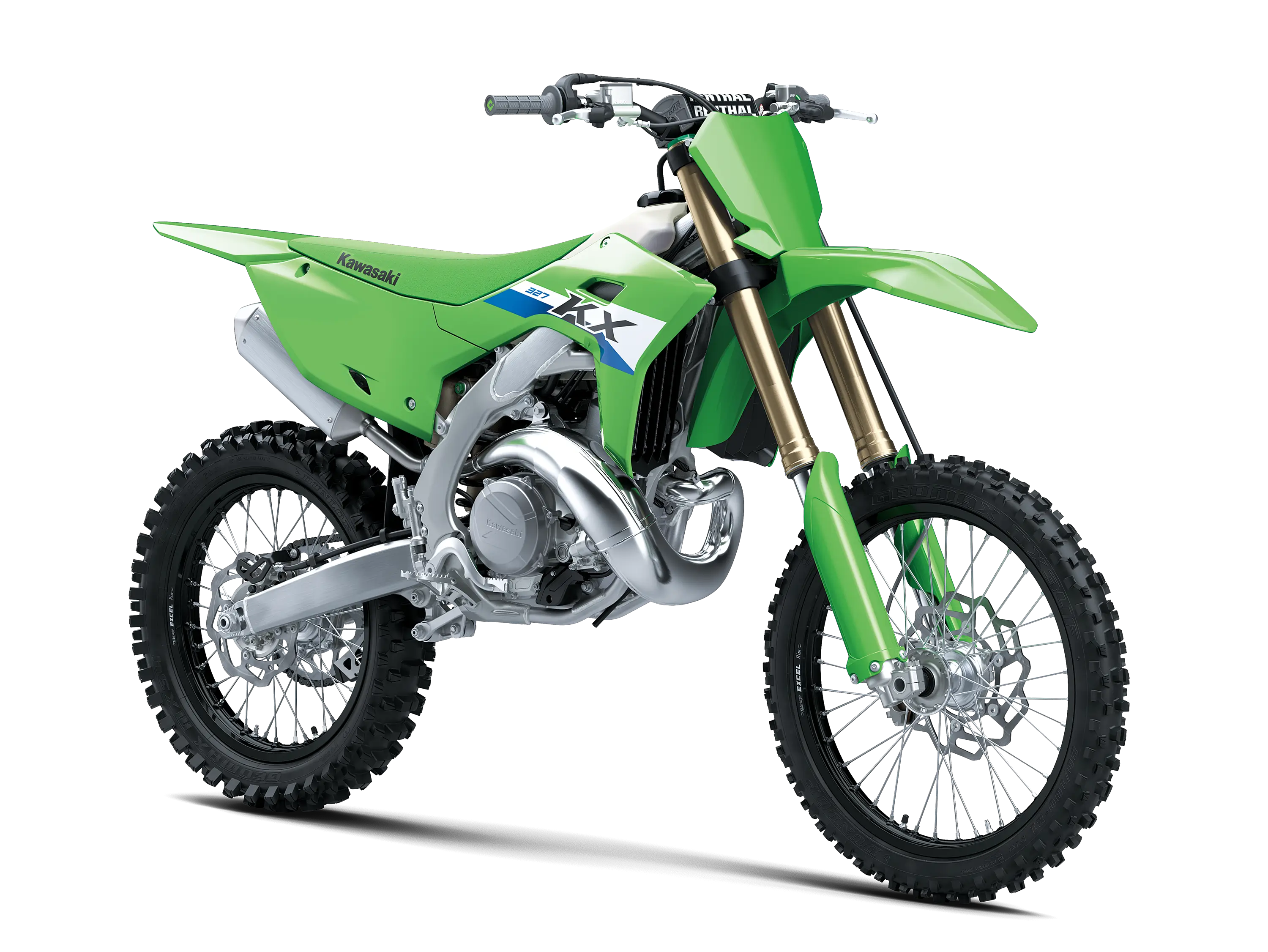 Front three-quarter angle of a green 2-stroke dirt bike in a white studio background.