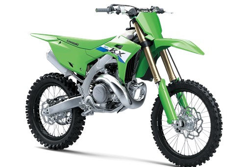 Front three-quarter angle of a green 2-stroke dirt bike in a white studio background. opens in a new window