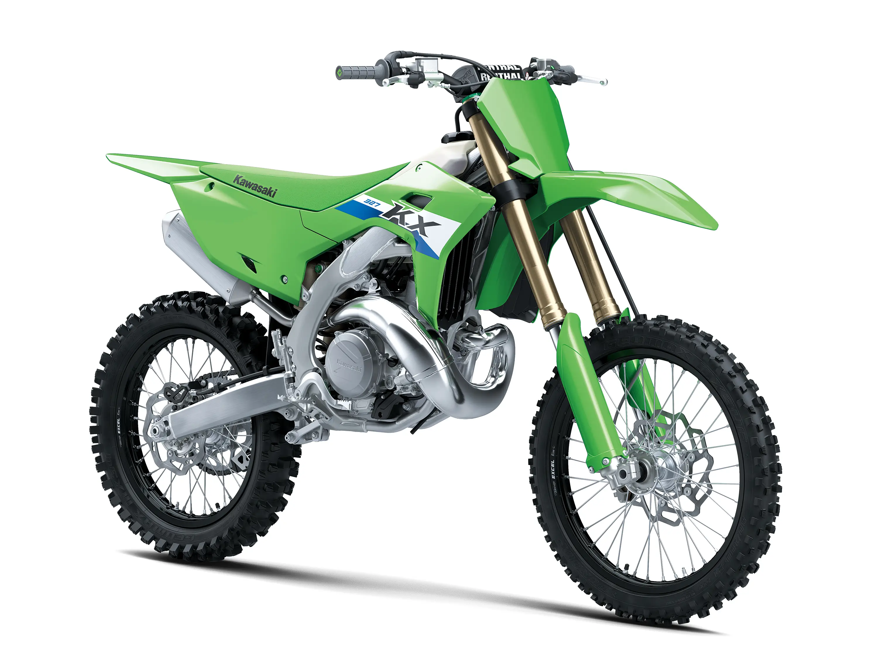 Front three-quarter angle of a green 2-stroke dirt bike in a white studio background.