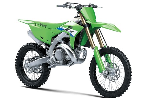 Front three-quarter angle of a green 2-stroke dirt bike in a white studio background. opens in a new window