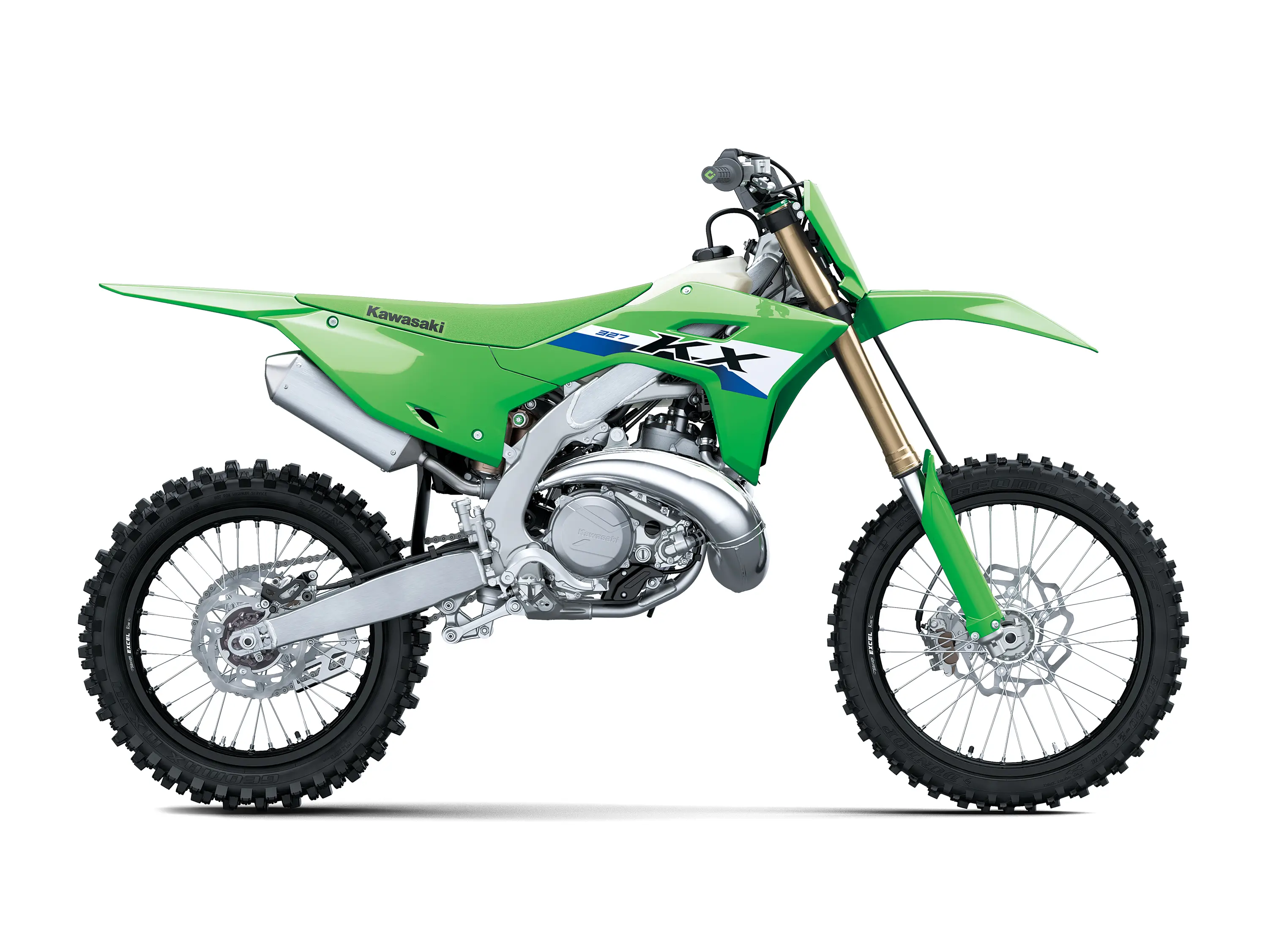 Right side angle of a green 2-stroke dirt bike in a white studio background.