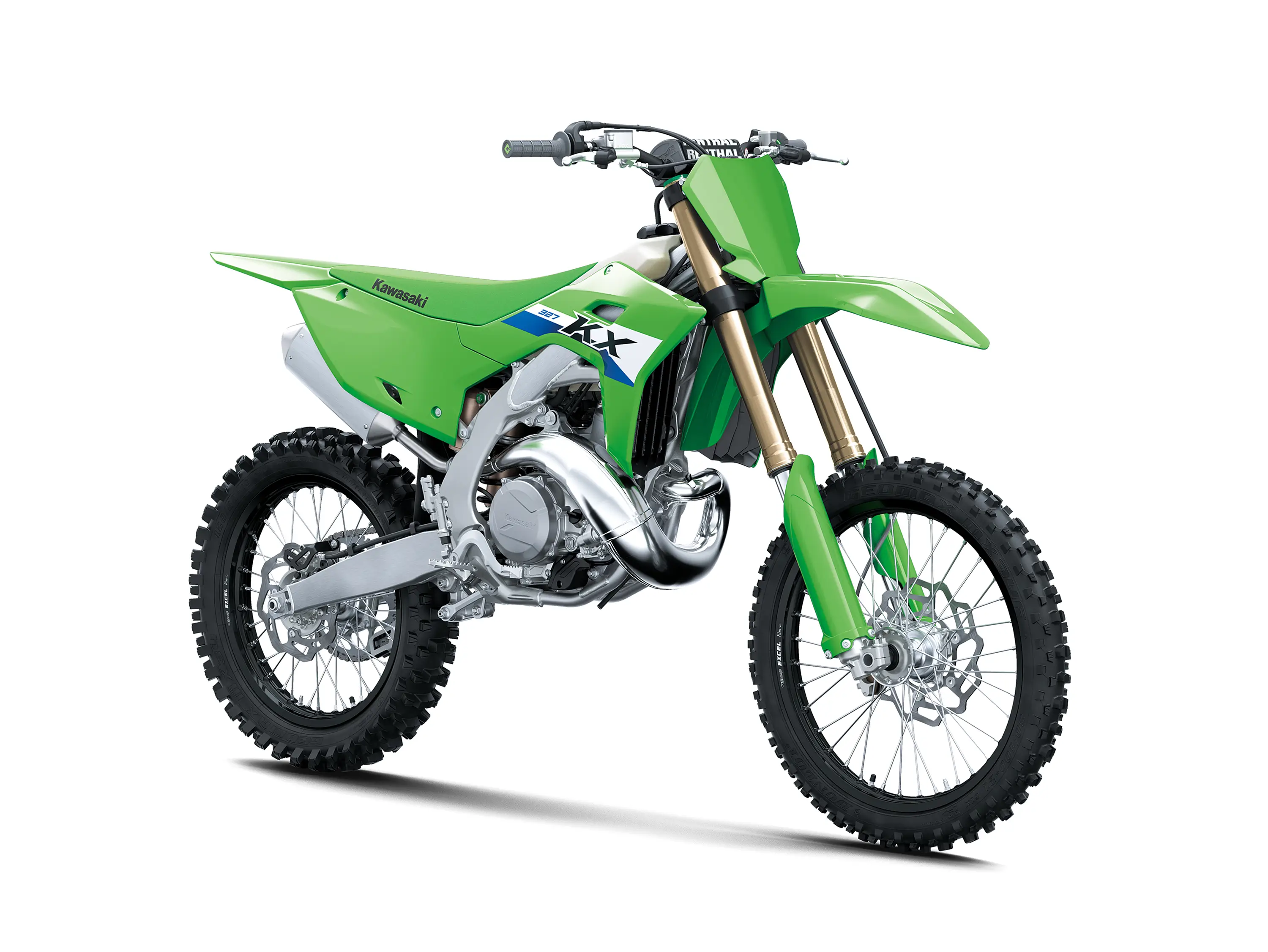 Front three-quarter angle of a green 2-stroke dirt bike in a white studio background.