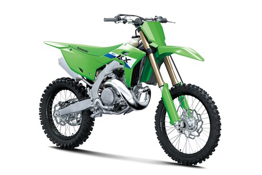 Front three-quarter angle of a green 2-stroke dirt bike in a white studio background. opens in a new window