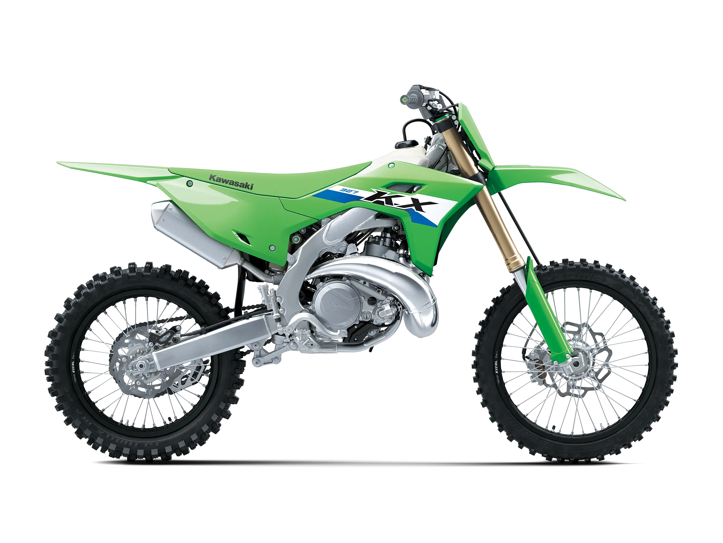 Right side angle of a green 2-stroke dirt bike in a white studio background.