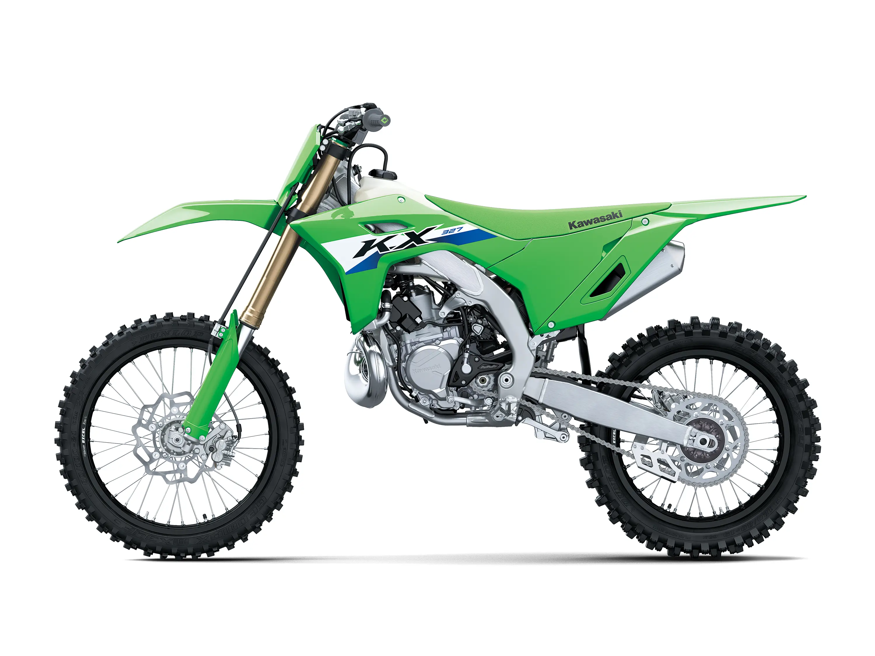 Left side angle of a green dirt bike in a white studio background.