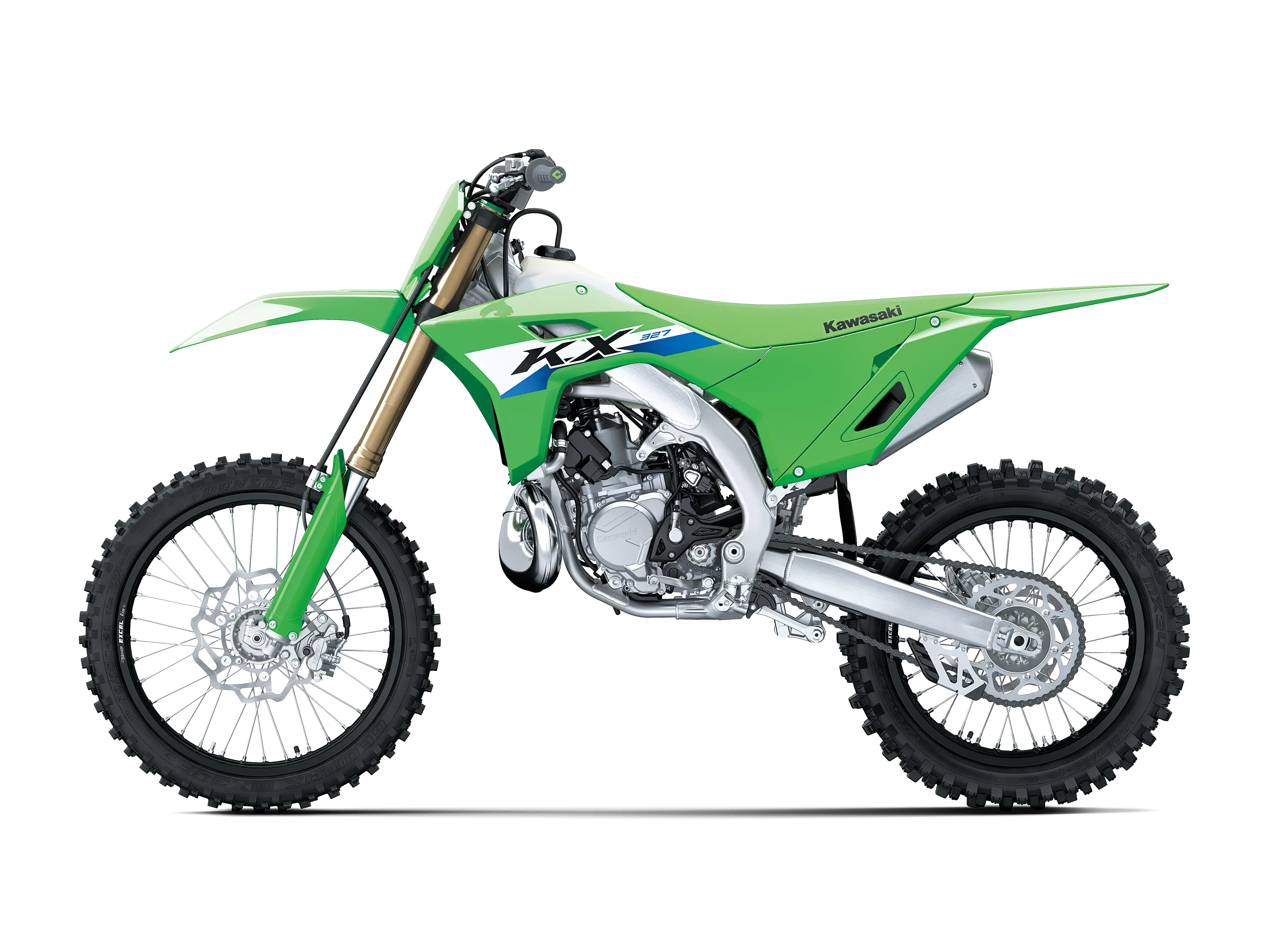 Left side angle of a green dirt bike in a white studio background.