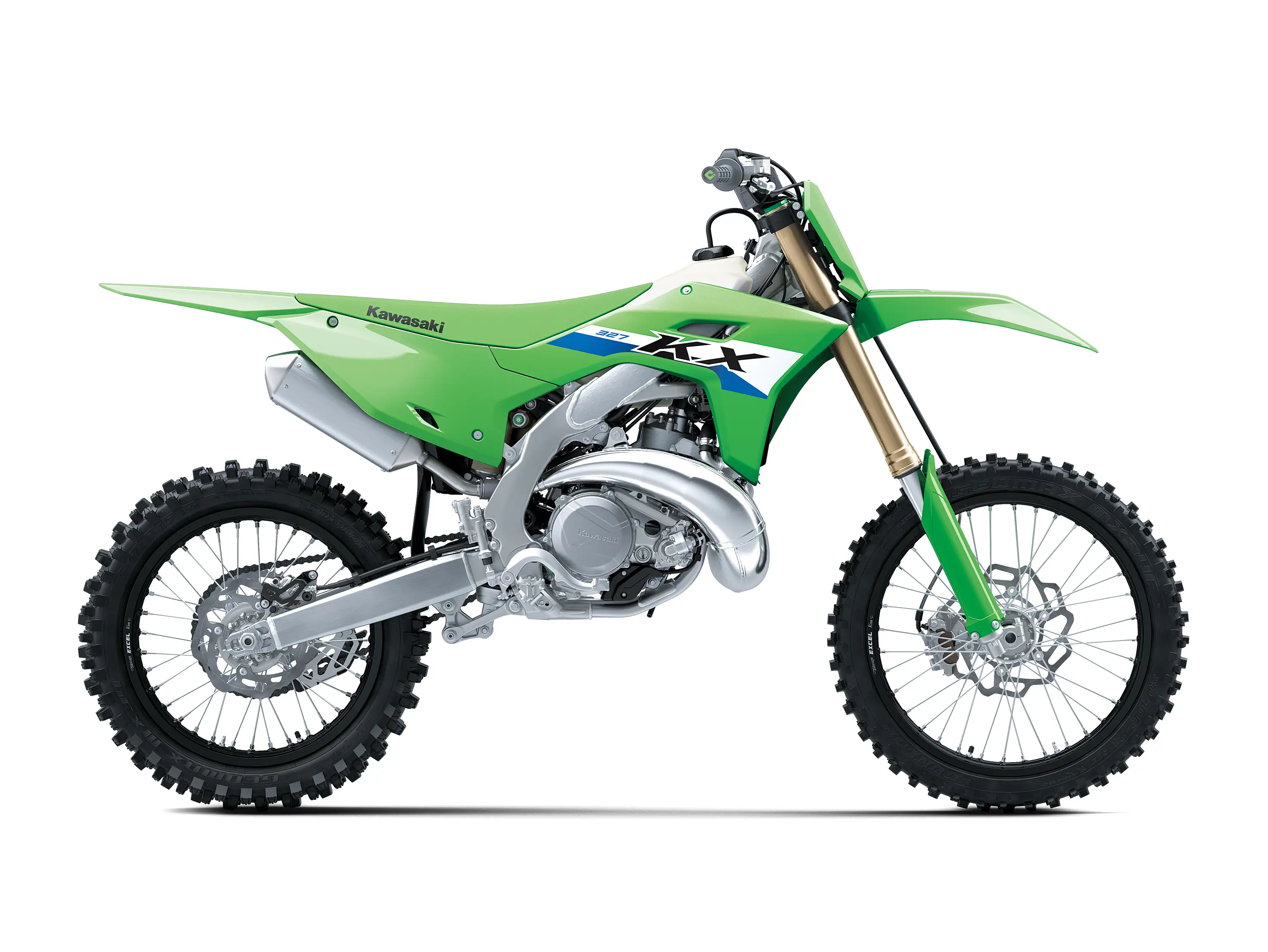 Right side angle of a green 2-stroke dirt bike in a white studio background.