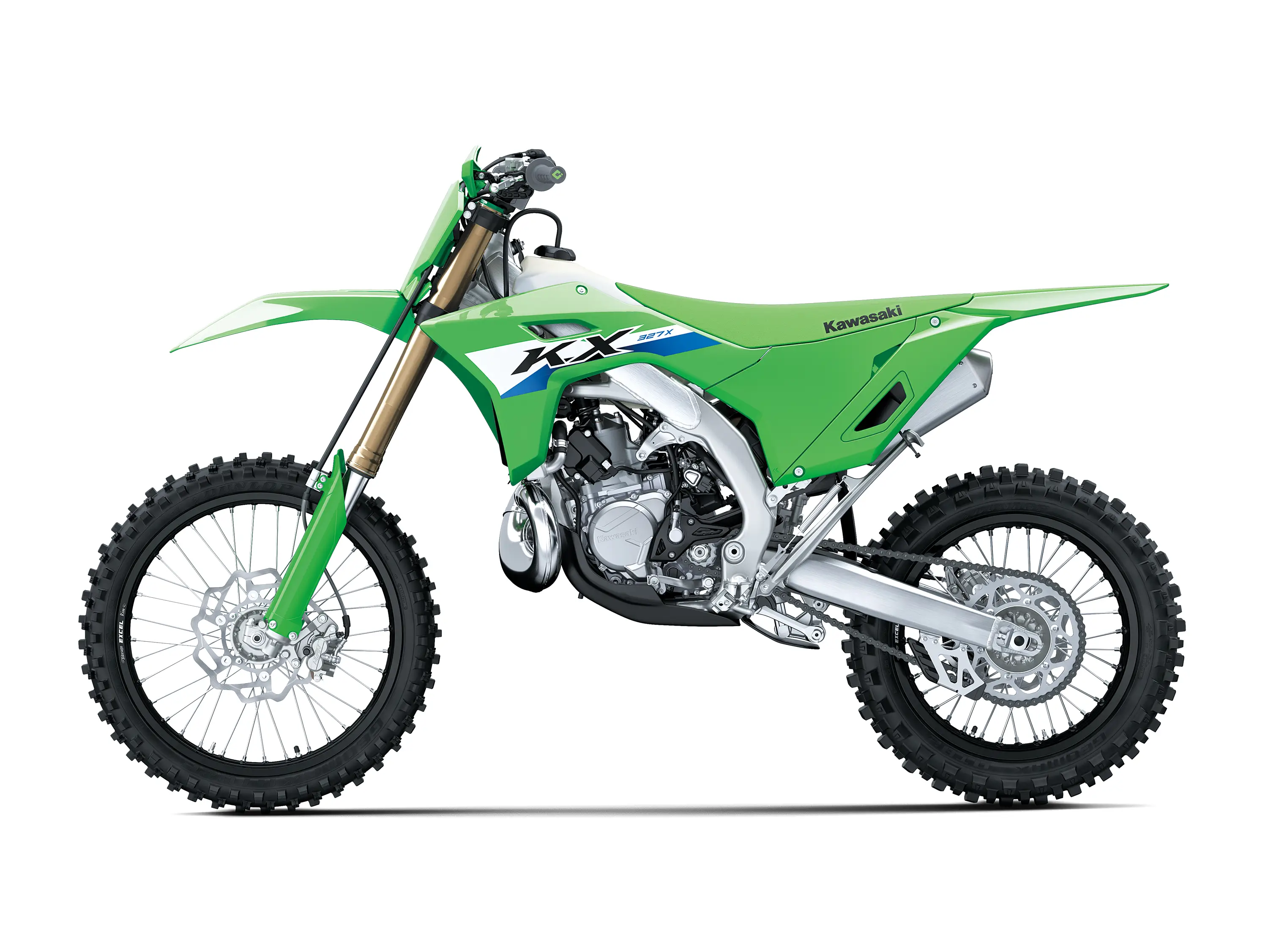 Left side view of a green 2-stroke dirt bike in a white studio background.