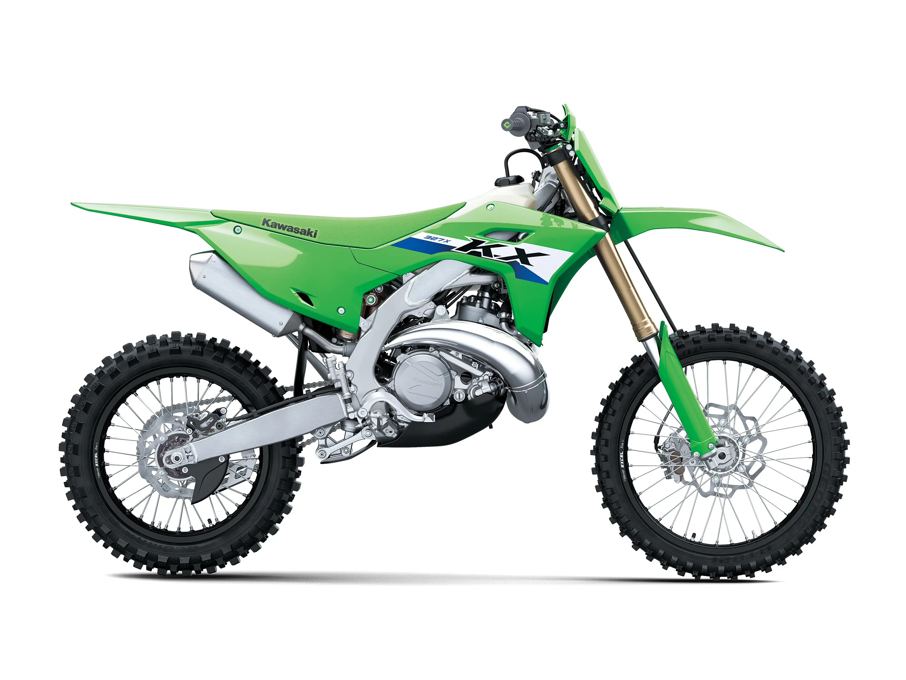 Right side view of a green 2-stroke dirt bike in a white studio background.