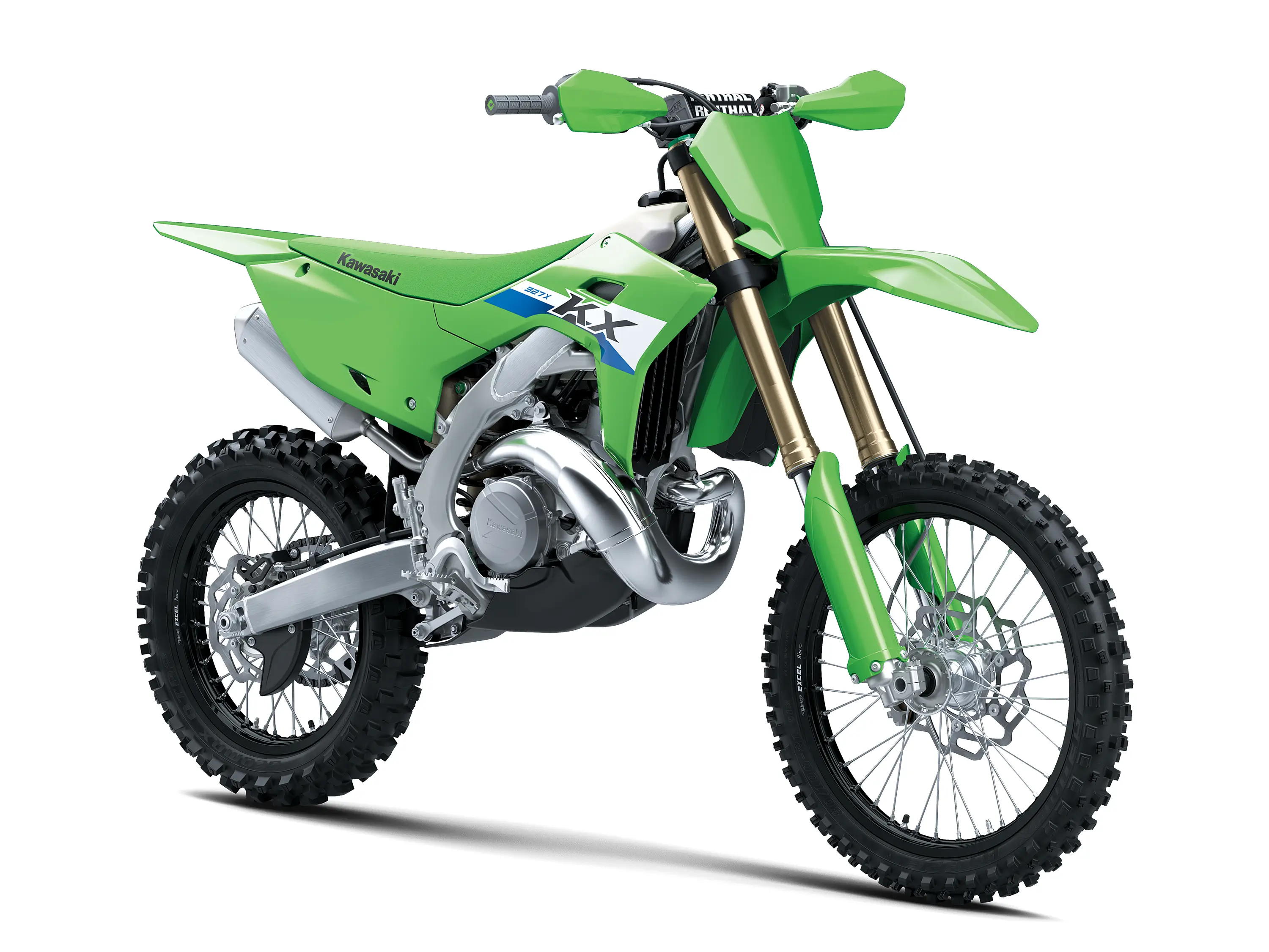 Front three-quarter angle view of a green 2-stroke dirt bike in a white studio background.