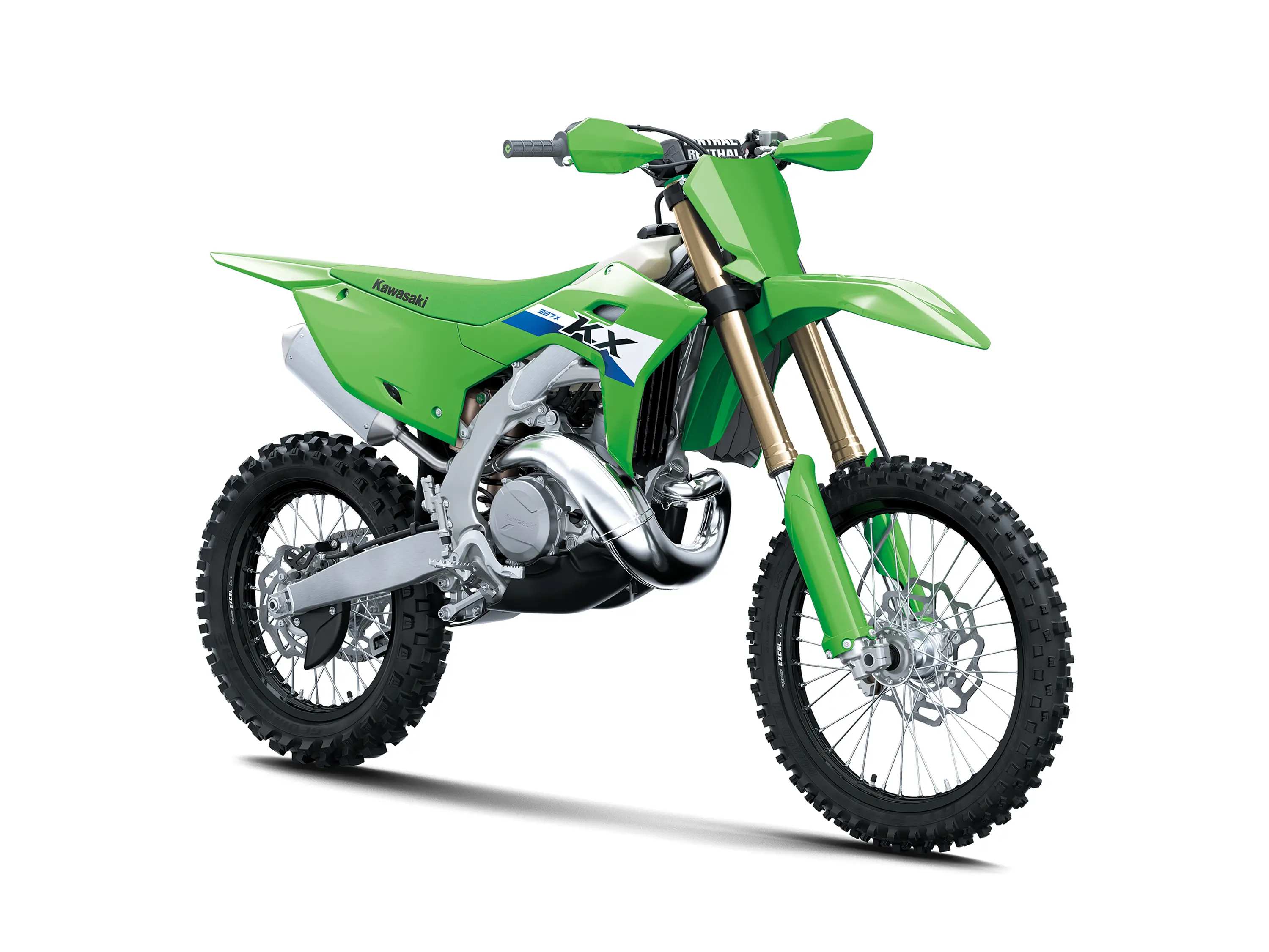 Front three-quarter angle view of a green 2-stroke dirt bike in a white studio background.