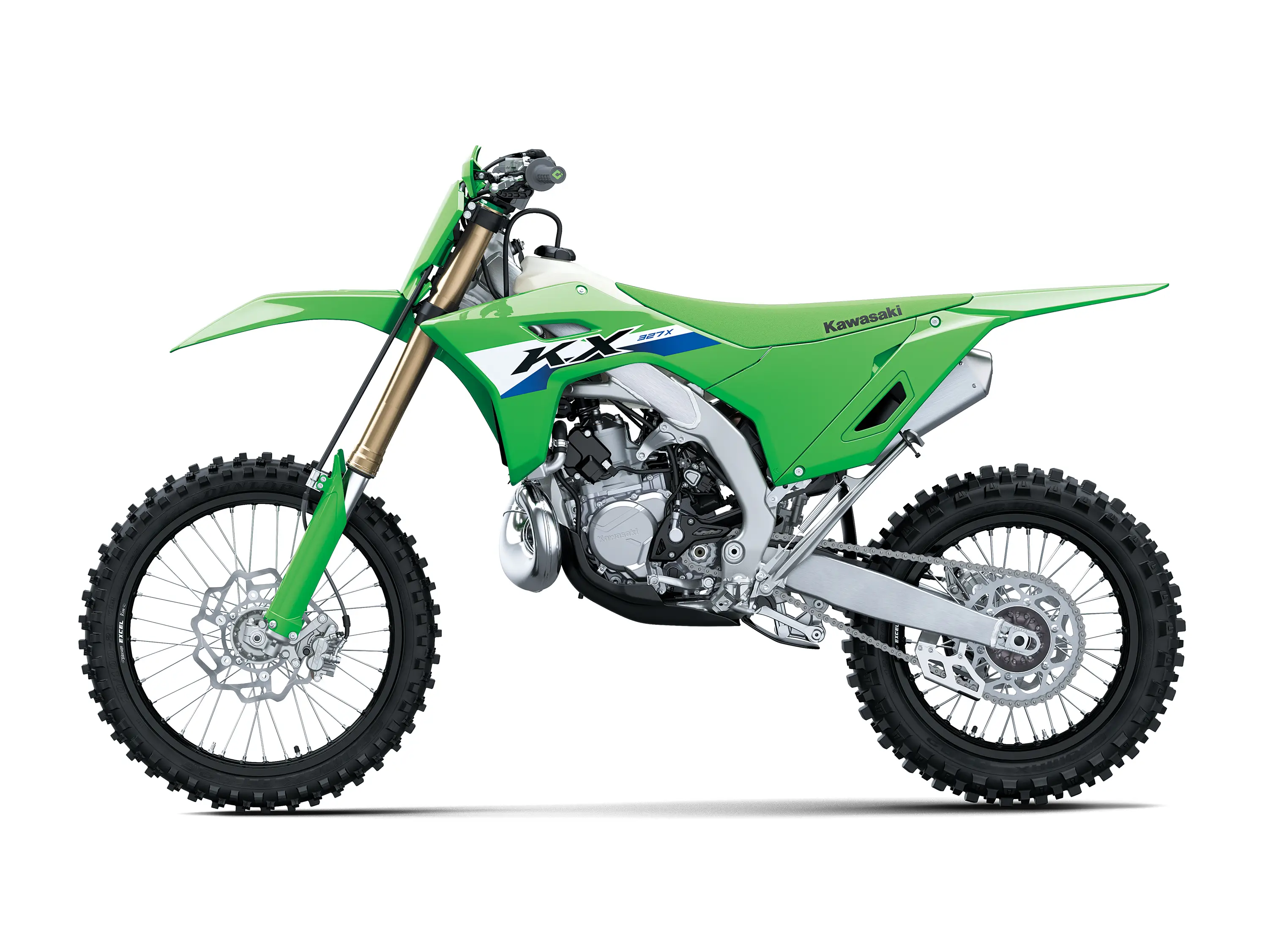 Left side view of a green 2-stroke dirt bike in a white studio background.