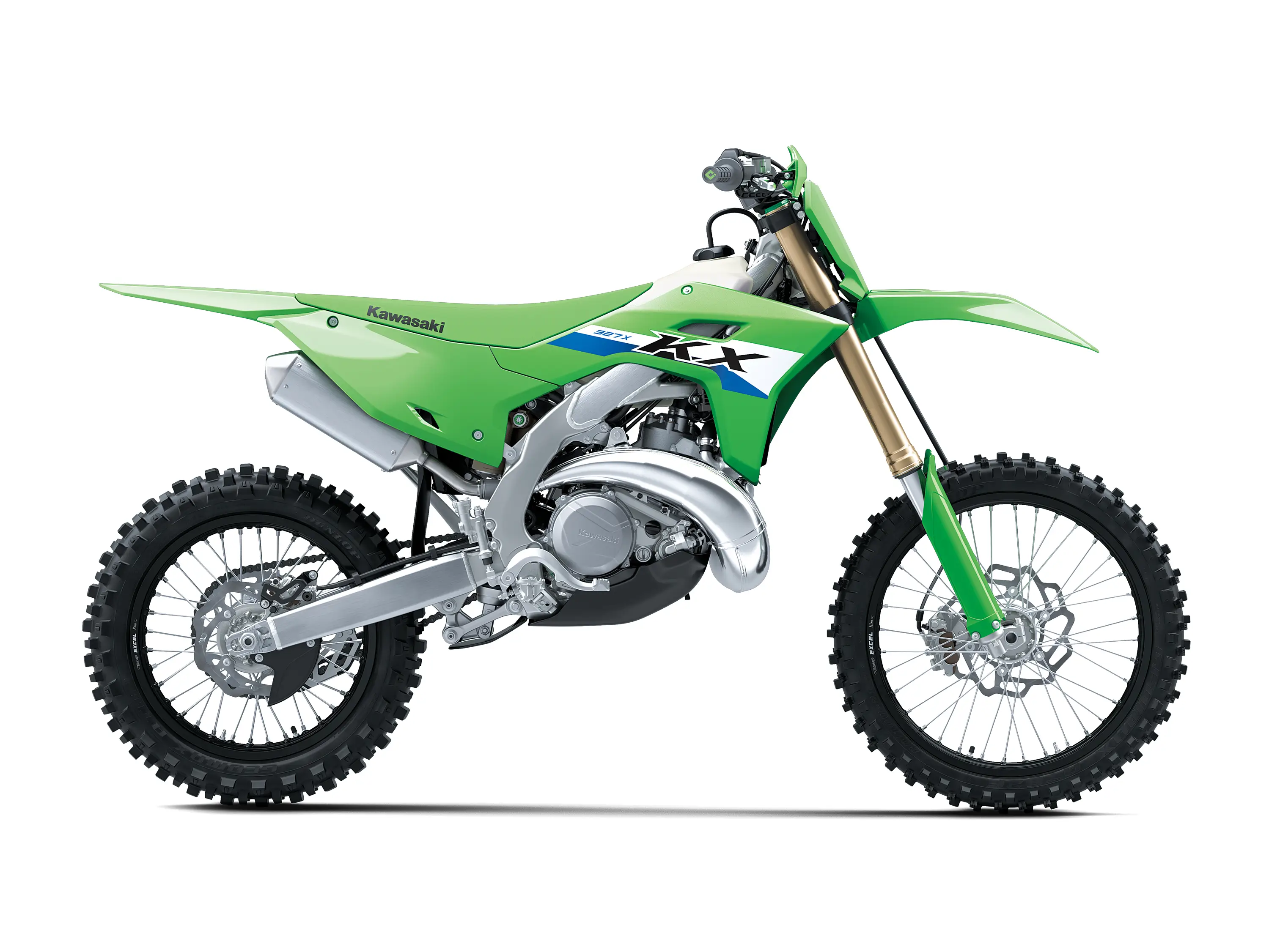 Right side view of a green 2-stroke dirt bike in a white studio background.