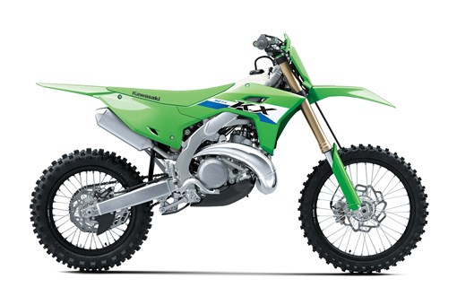 Right side view of a green 2-stroke dirt bike in a white studio background. opens in a new window