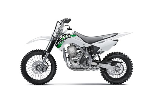 Left side view of a white youth dirt bike staged in a white studio background. opens in a new window