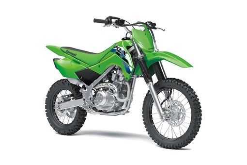 Front three-quarter view of a green youth dirt bike in a white studio background. opens in a new window