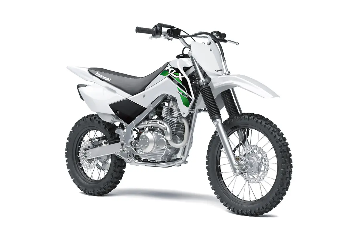 Front three-quarter view of a white youth dirt bike in a white studio background.