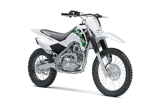 Front three-quarter view of a white youth dirt bike in a white studio background. opens in a new window