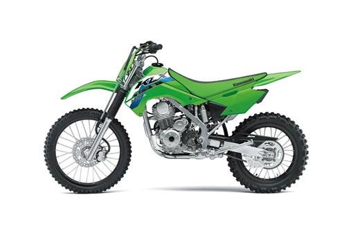 Left side view of a green youth dirt bike staged in a white studio background. opens in a new window