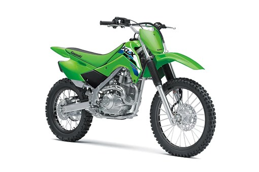 Front three-quarter view of a green youth dirt bike in a white studio background. opens in a new window