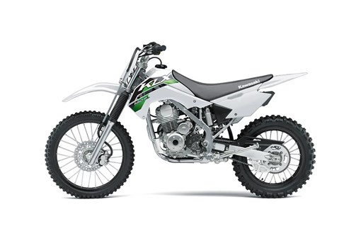 Left side view of a white youth dirt bike staged in a white studio background. opens in a new window