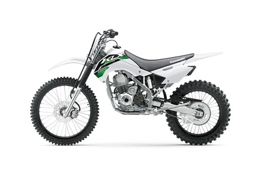Left side view of a white dirt bike staged in a white studio background. opens in a new window