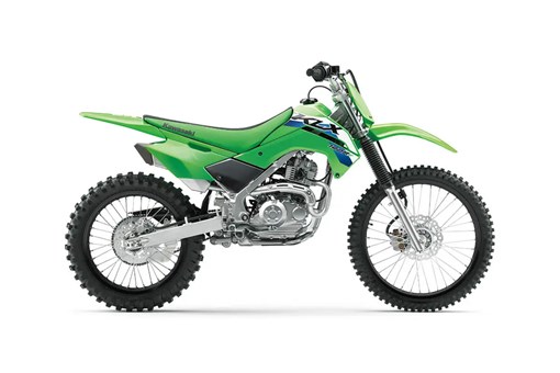 Right side view of a green dirt bike staged in a white studio background. opens in a new window