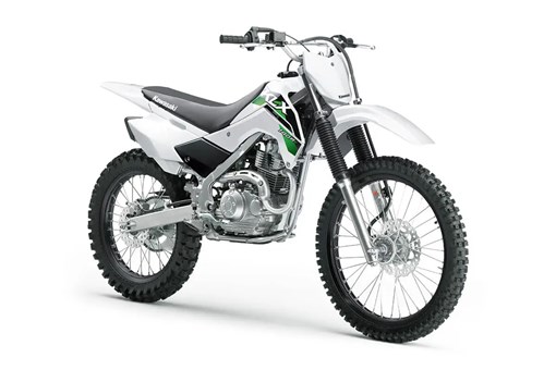 Front three-quarter view of a white dirt bike in a white studio background. opens in a new window