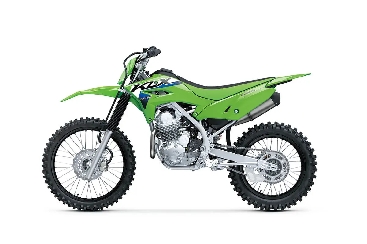 Side angle of a motorcycle staged in a white studio background.