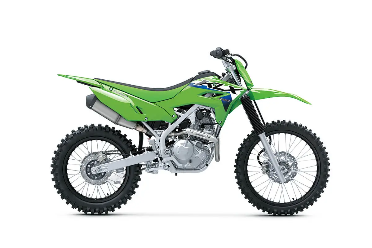Profile angle of a motorcycle staged in a white studio background.