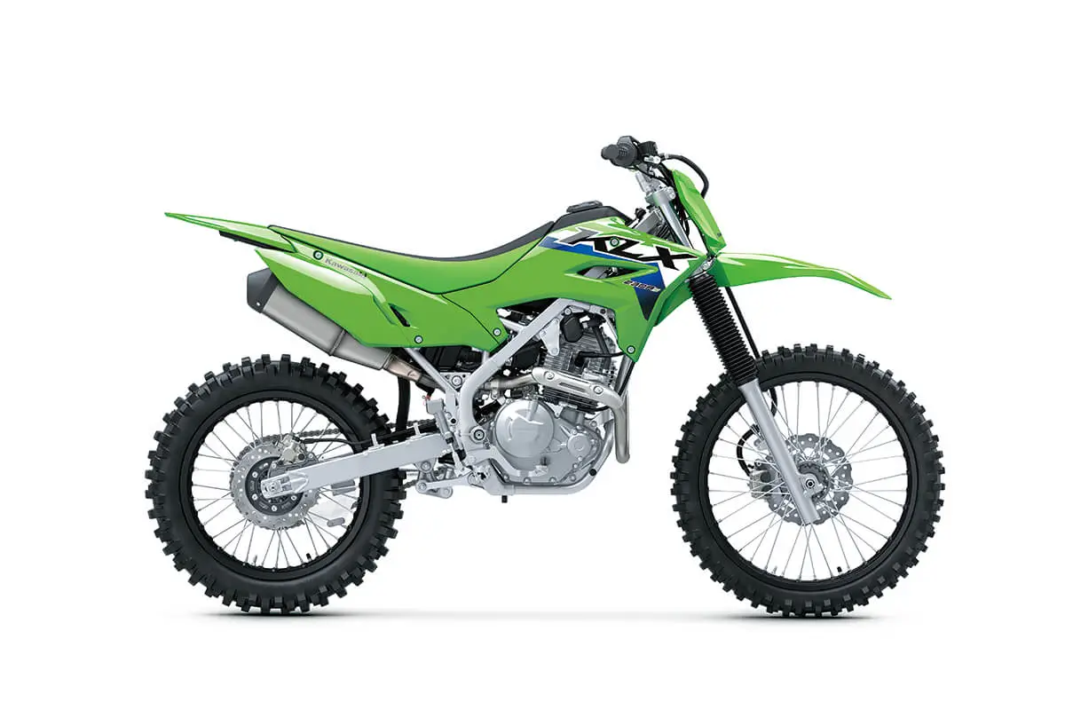Profile angle of a motorcycle staged in a white studio background.