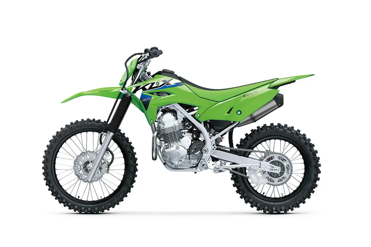 Side angle of a motorcycle staged in a white studio background.