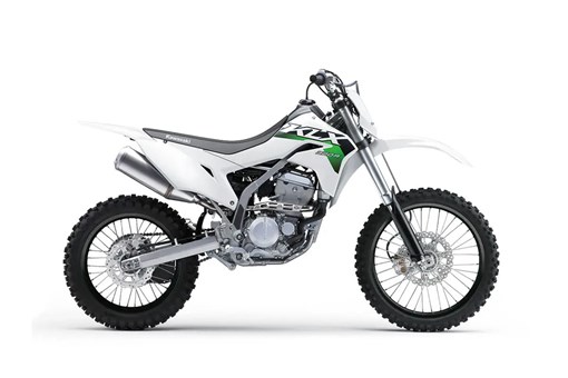 Right side view of a white dirt bike staged in a white studio background. opens in a new window