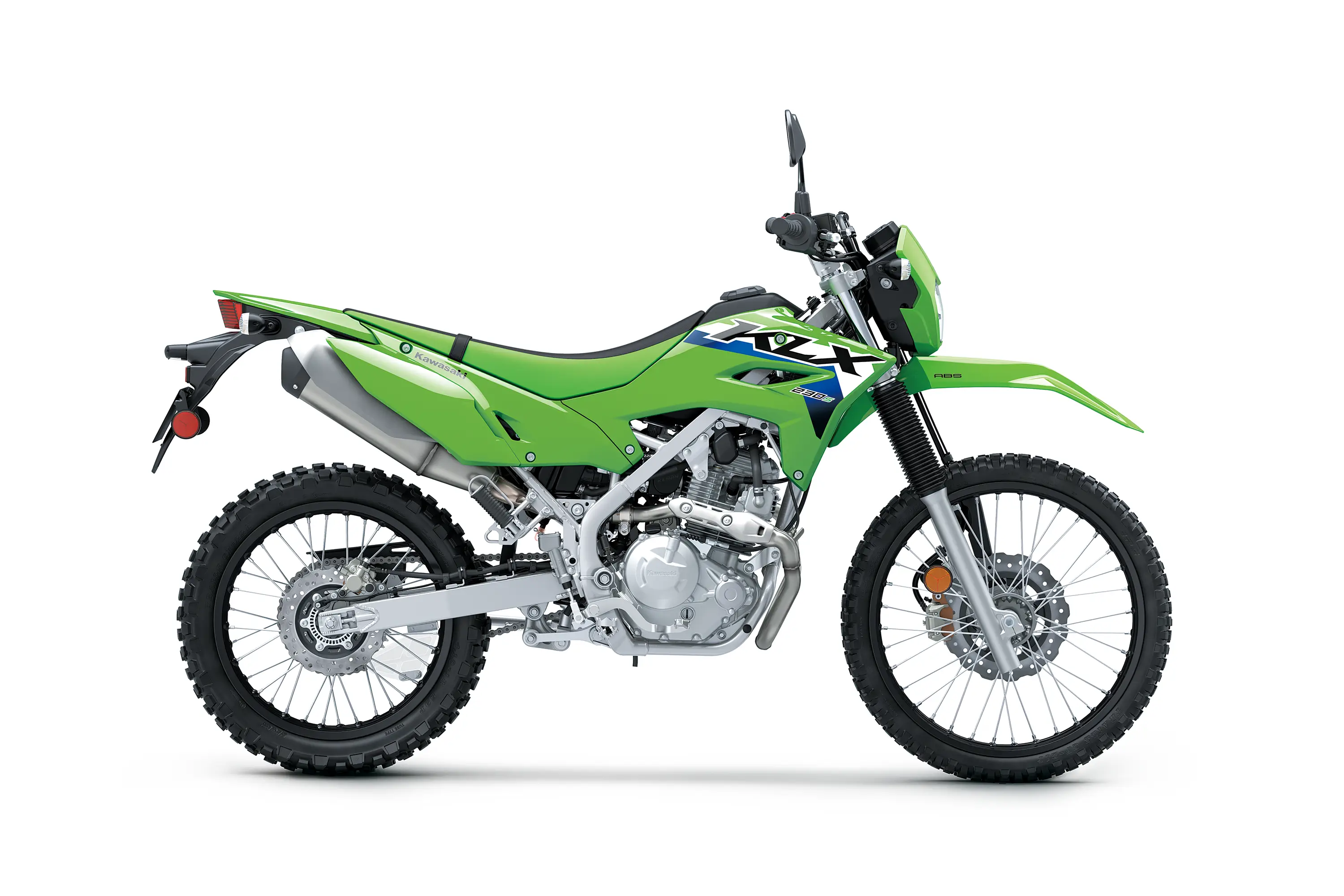 Side angle of a motorcycle staged in a white studio background.