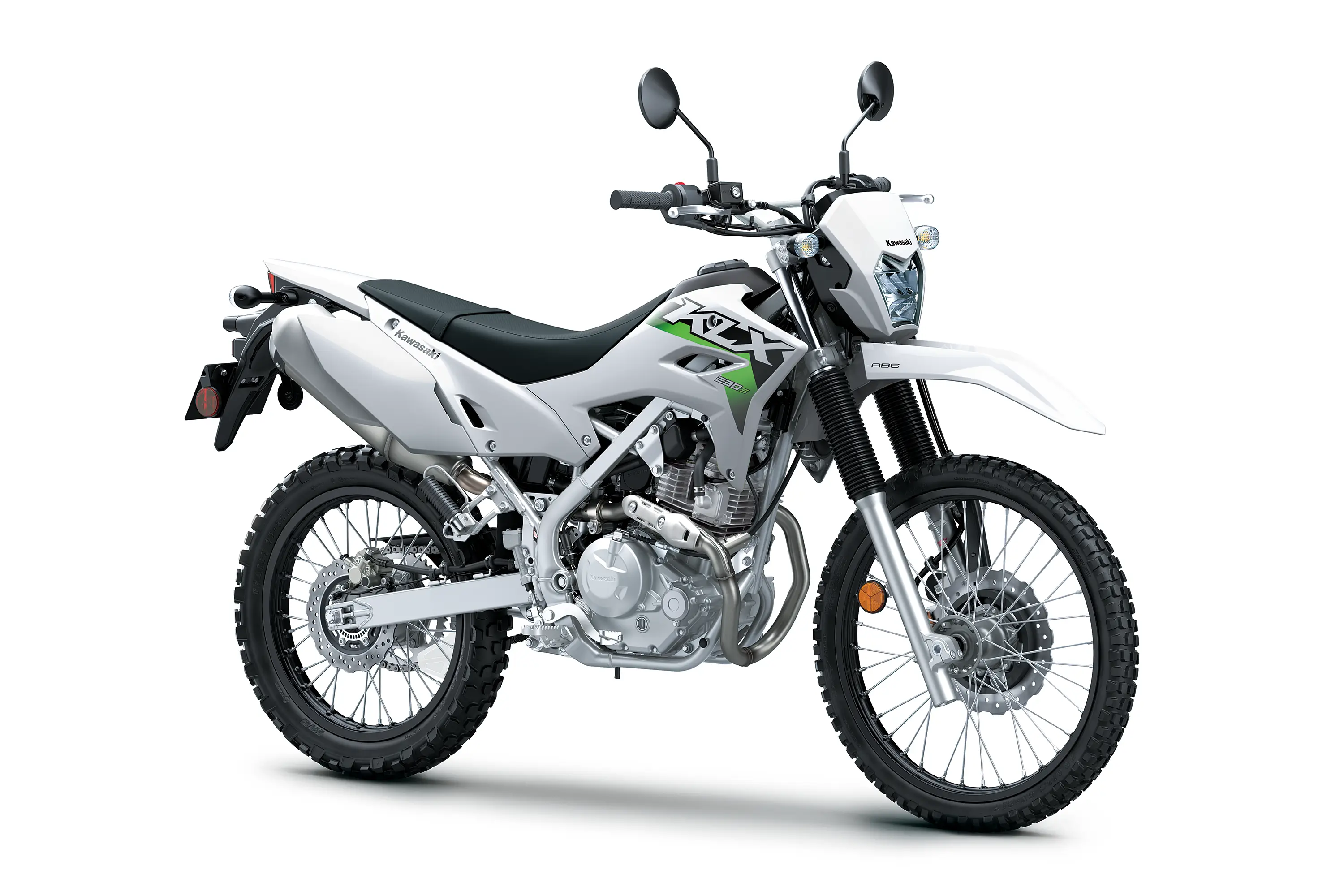 Three-quarter front angle of a white motorcycle staged in a white studio background.
