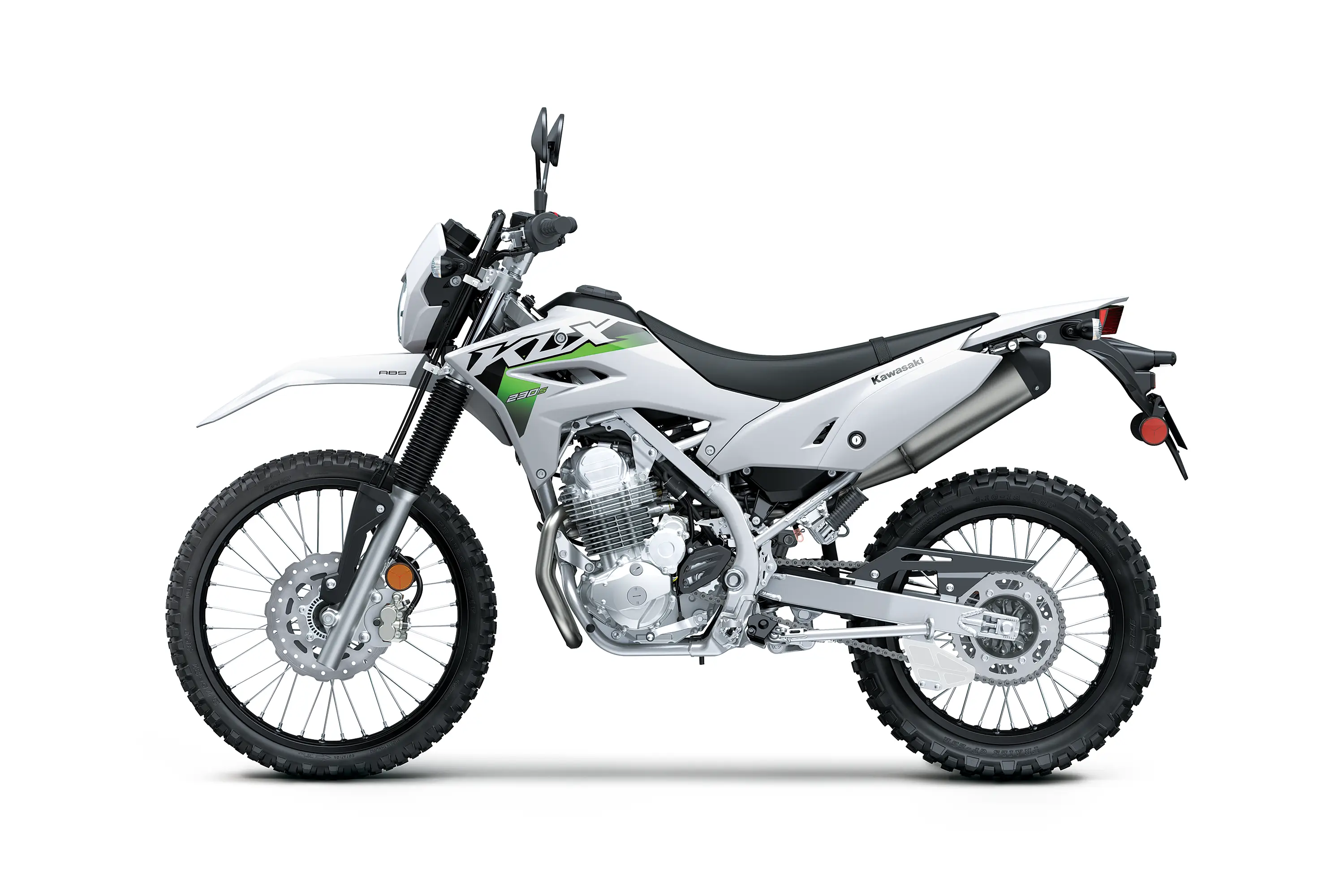 Side angle of a white motorcycle staged in a white studio background.