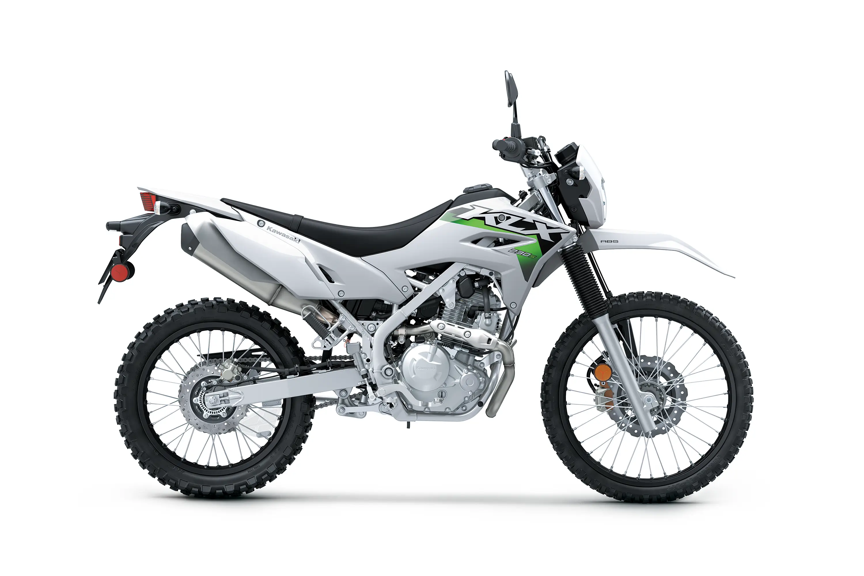 Profile angle of a white motorcycle staged in a white studio background.