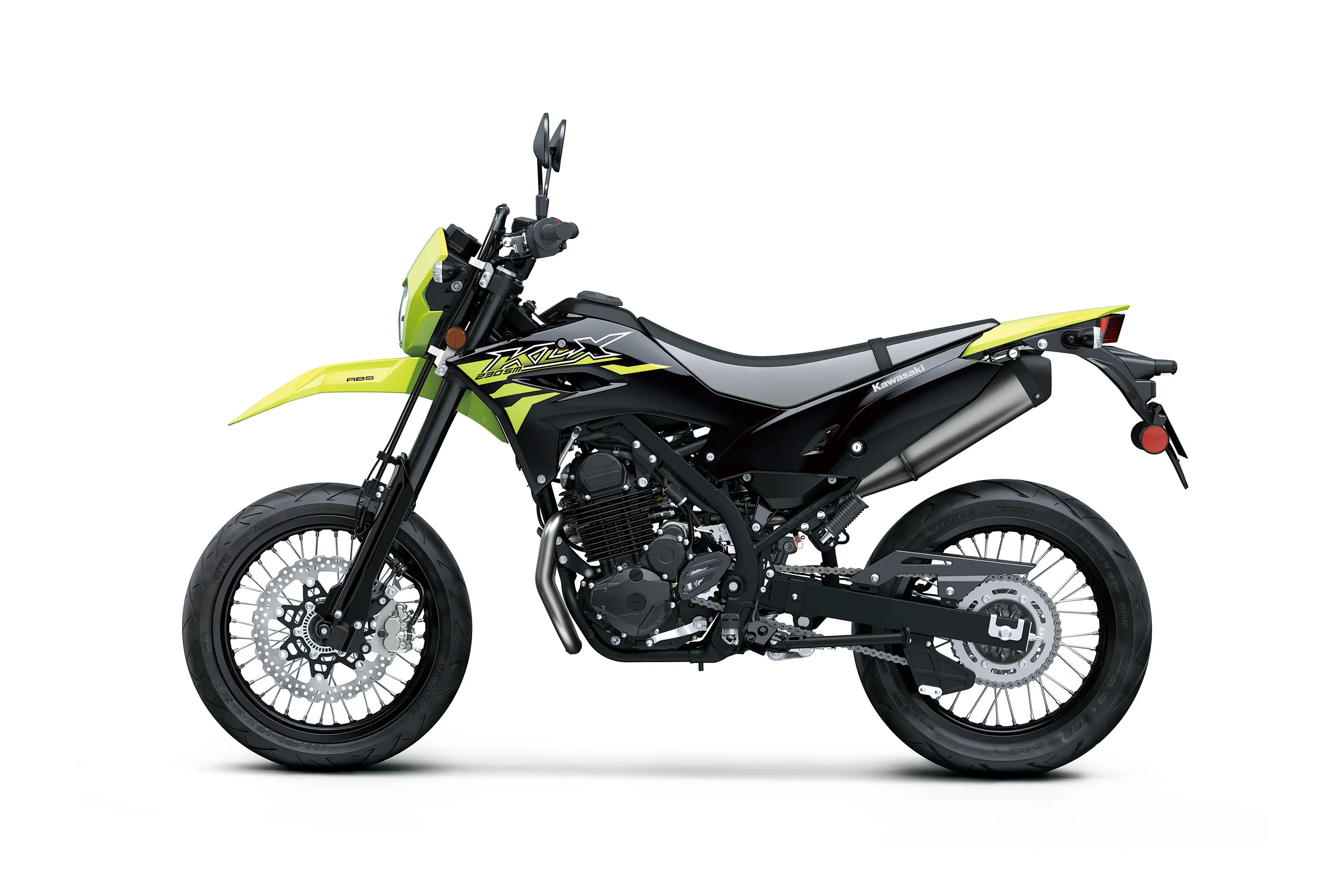 Side angle of a motorcycle staged in a white studio background.