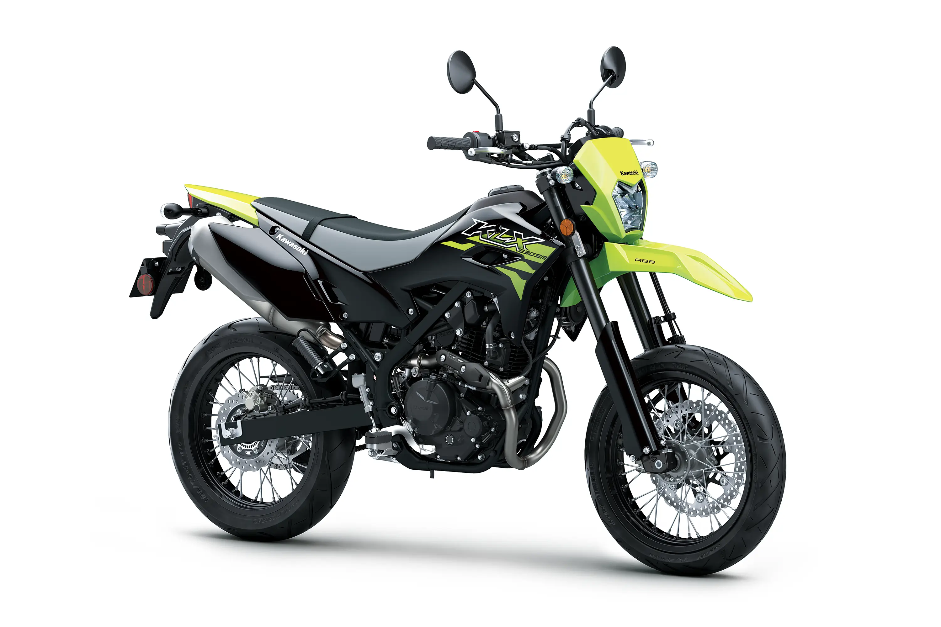 Three-quarter front angle of a motorcycle staged in a white studio background.