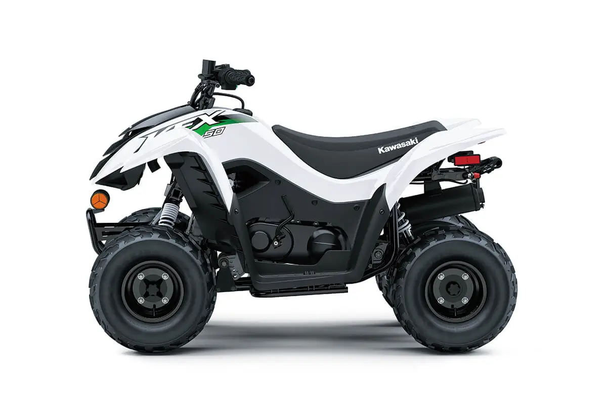 Left side view of a white youth ATV staged in a white studio background.