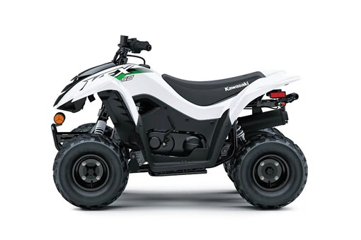 Left side view of a white youth ATV staged in a white studio background. opens in a new window