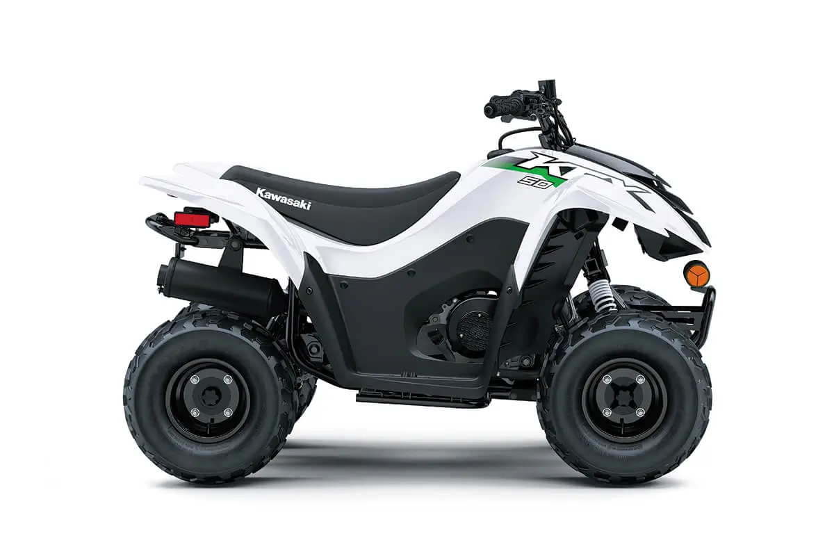 Right side view of a white youth ATV staged in a white studio background.